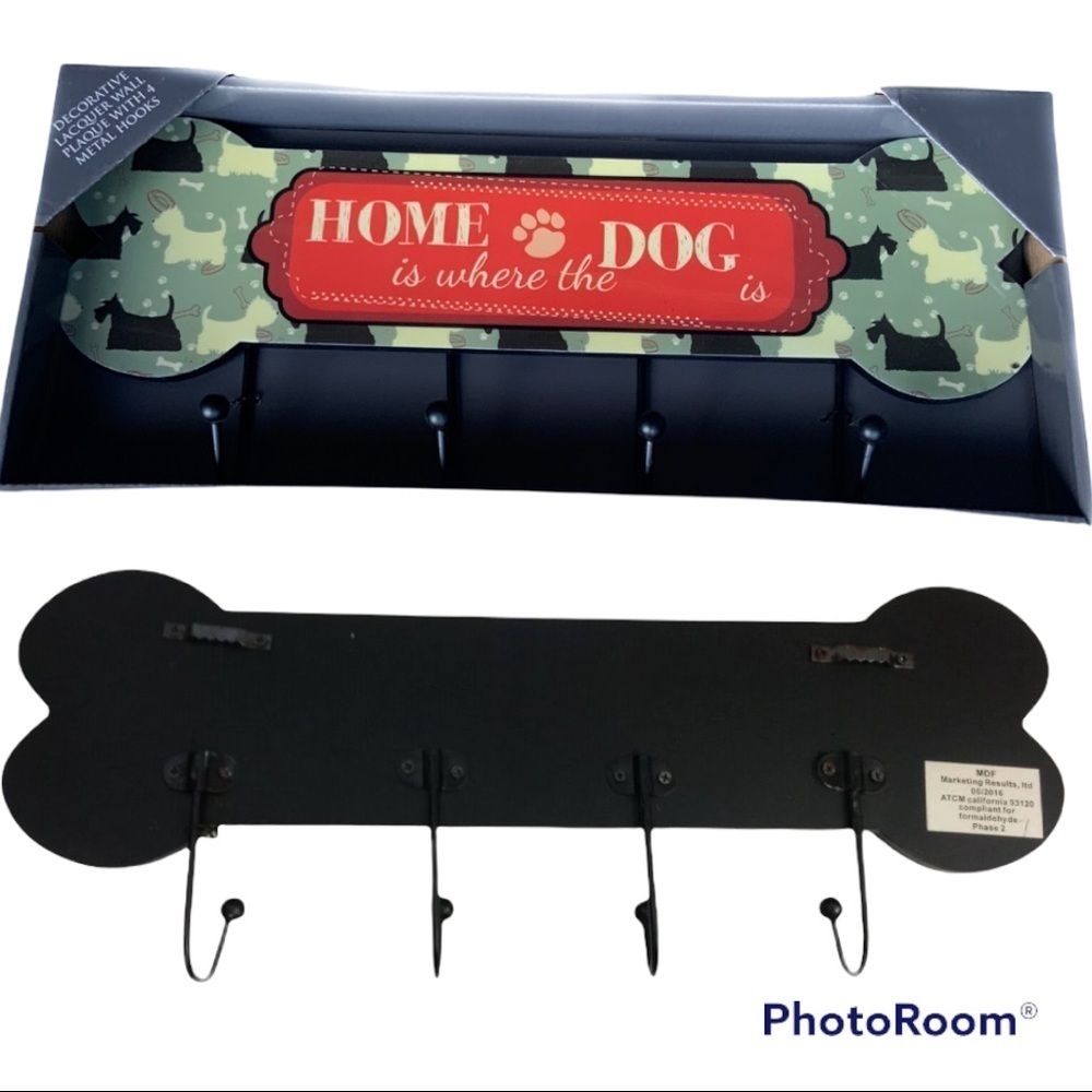 Scottie Dog Bone Shape Hook Rack Lacquer Plaque 4 Metal Hooks 7” x 16”